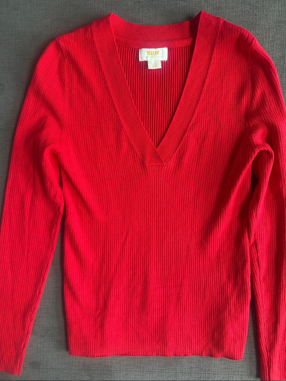 Maeve Bright Red Ribbed V-Neck Sweater small